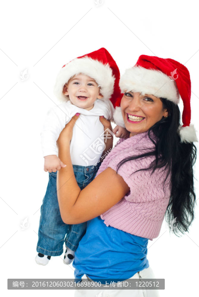 笑媽媽和男嬰與Santa帽