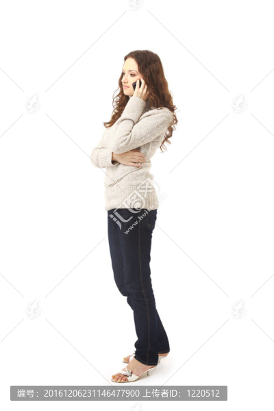 穿白色背景的手機上的女人
