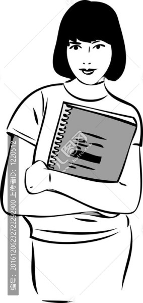 一個手里拿著筆記本的女孩的素描