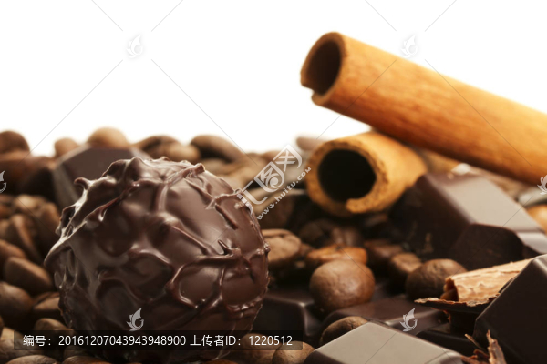 在肉桂和咖啡豆前平原松露果仁巧克力在平原