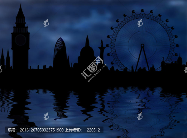 倫敦的天際線在夜間陰沉的氣氛