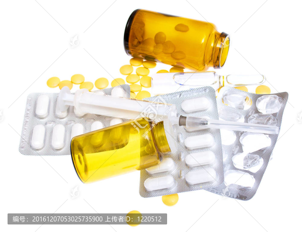 藥丸和白色背景注射器