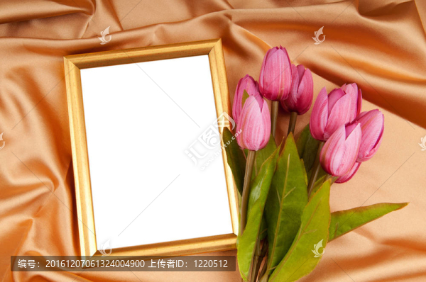 鏡框和郁金香花在緞上