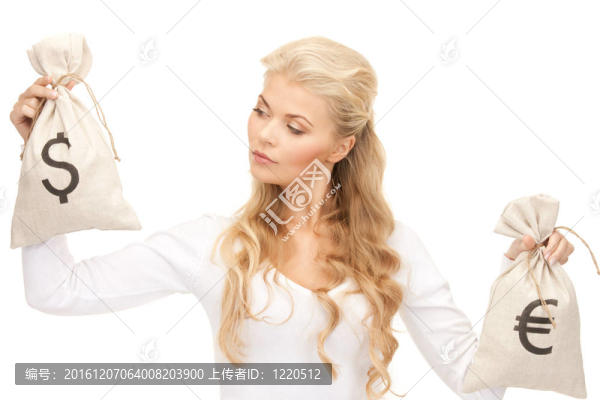 婦女與歐元和美元袋