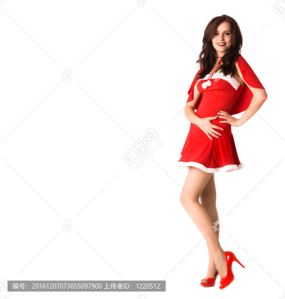 快樂的微笑的女人在紅色圣誕性感的服裝分離