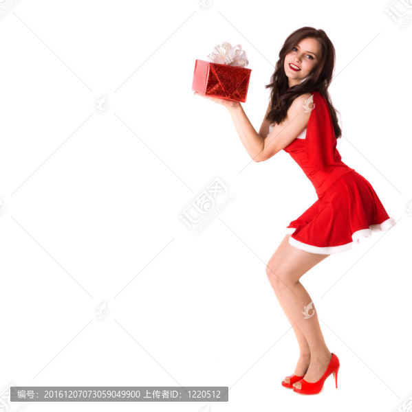 微笑的紅色圣誕禮物的女人性感的服裝