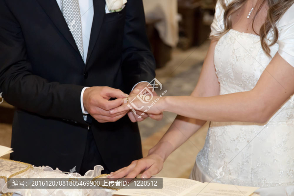 新郎把結(jié)婚戒指戴在新娘的手指上