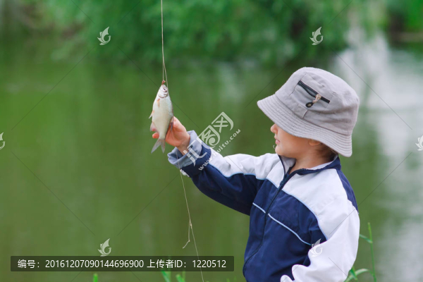 小男孩看著被抓到的魚