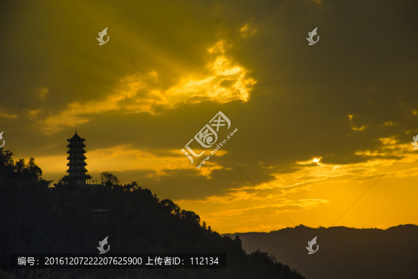 金色,霞光云彩,天空,寶塔
