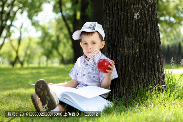 一個男孩在公園里拿著一本書的肖像
