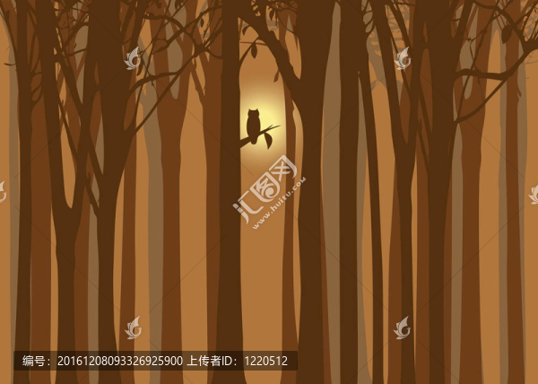 萬(wàn)圣節(jié)插圖秋天森林與貓頭鷹