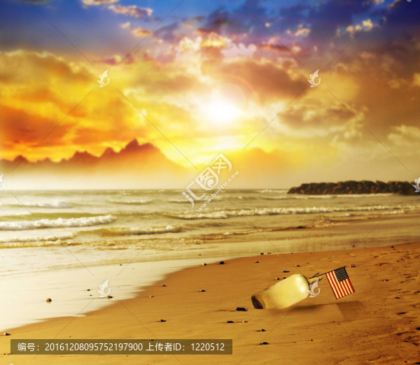 海灘上的旗幟與日落海灘