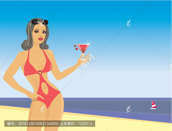 在海灘上喝雞尾酒的女孩