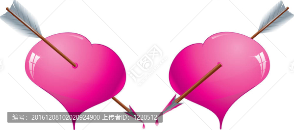 兩個(gè)閃閃發(fā)光的粉紅色的心刺穿箭頭；插圖