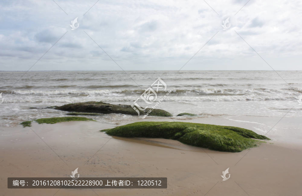 孤獨(dú)的海灘巖石與海藻