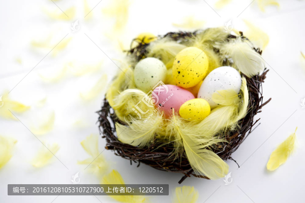 復(fù)活節(jié)彩蛋和籃子里的羽毛