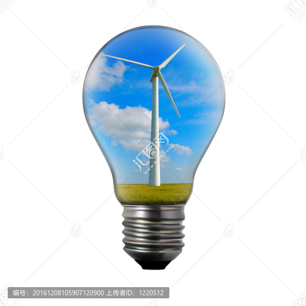 替代能源概念。內(nèi)有風(fēng)力發(fā)電機(jī)的燈泡。