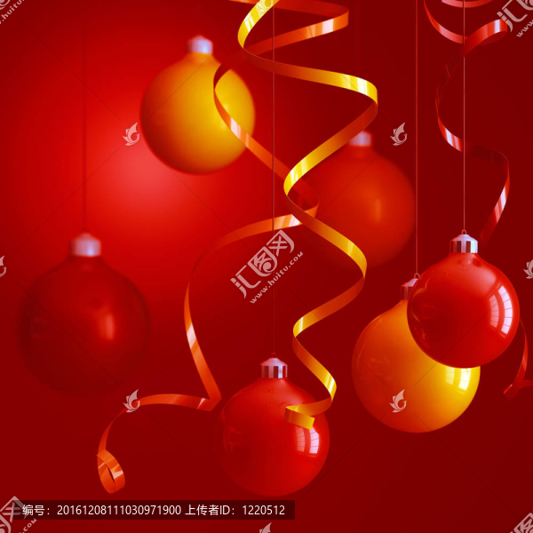 在絲帶環(huán)境中的紅色和黃色圣誕玩具