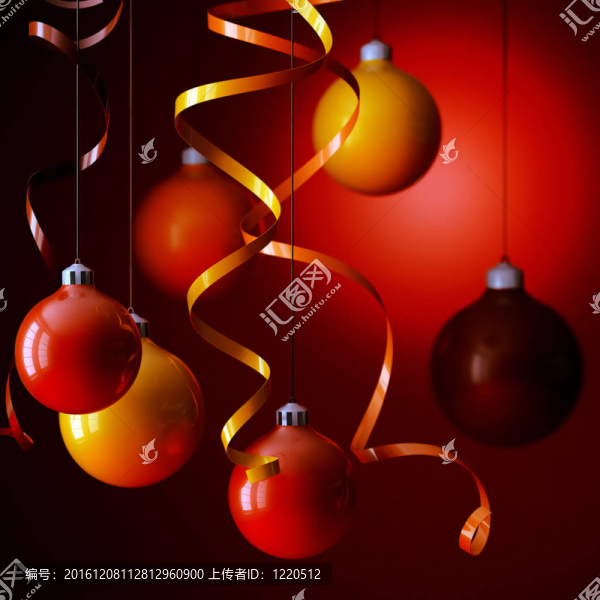 在絲帶環(huán)境中的紅色和黃色圣誕玩具