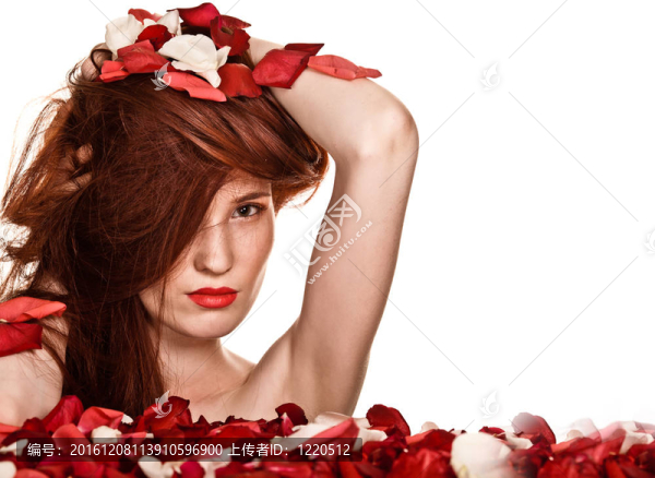美麗的女人和白色背景上的玫瑰花瓣