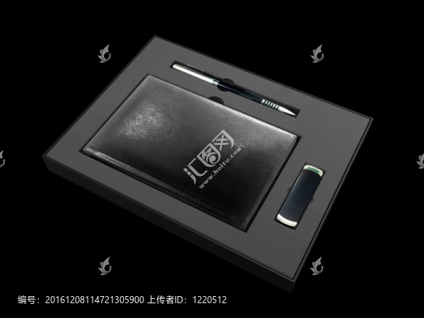 帶記事本的黑色盒；筆和閃存驅(qū)動(dòng)器