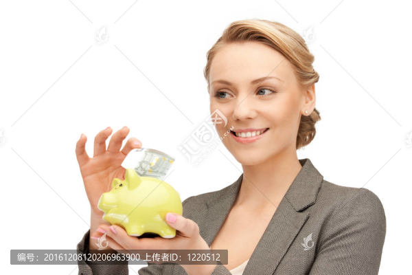 可愛的女人存錢罐和錢