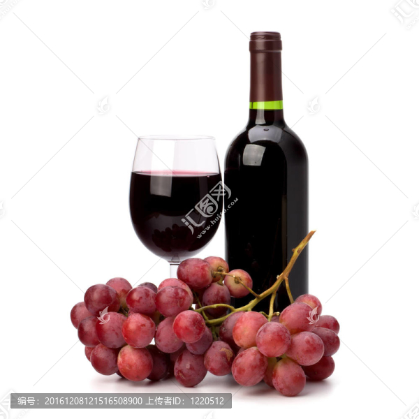 全紅酒酒杯；酒瓶和葡萄