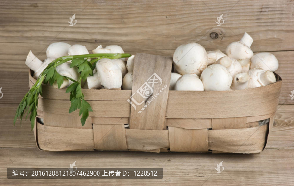 木制背景的蘑菇籃子