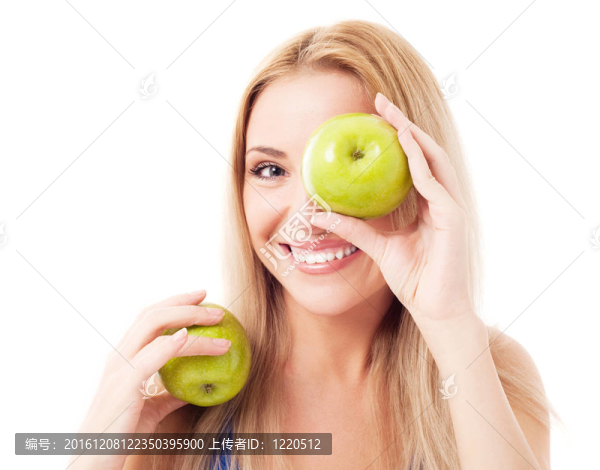 拿著兩個蘋果的女人