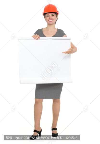 幸福的建筑師女人指著空白翻轉(zhuǎn)圖孤立