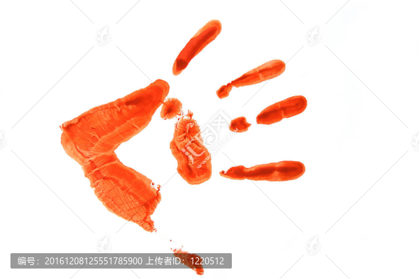 在白紙上的手掌軌跡；做了紅漆