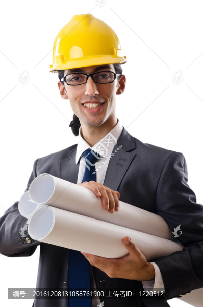 年輕建筑師與圖紙孤立的白色
