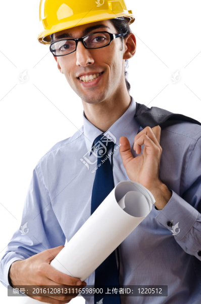 年輕建筑師與圖紙孤立的白色