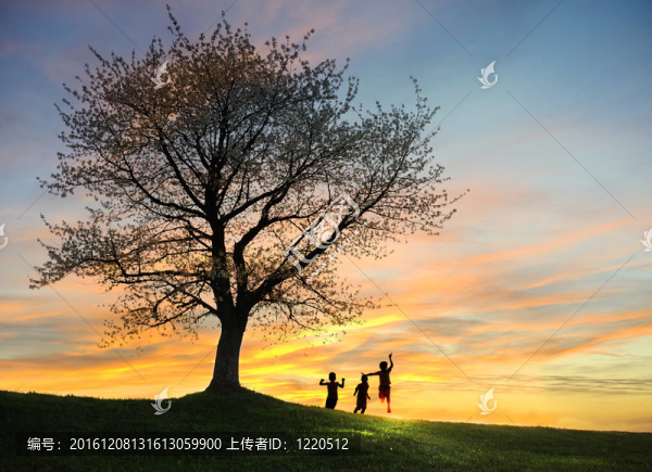 孩子們在日落；輪廓；自由和幸福