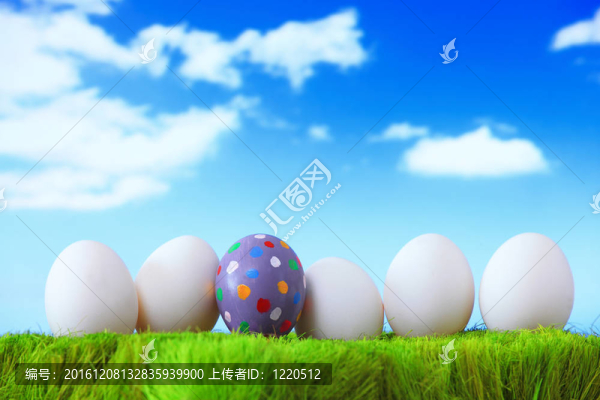 在多云的天空前在草地上的復(fù)活節(jié)彩蛋