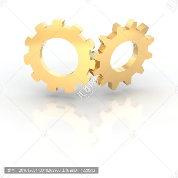 兩個金色光澤的齒輪。三維渲染。