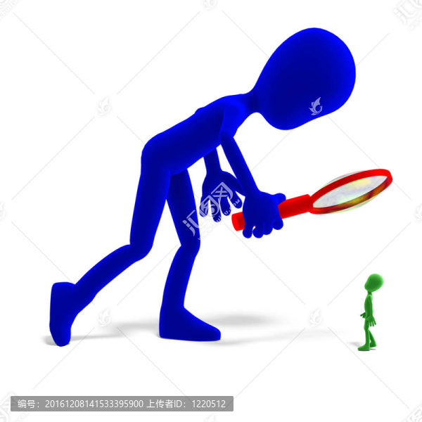3d男性圖標香椿特征用放大鏡看小的人。3D渲染與剪輯路徑和陰影超過白色