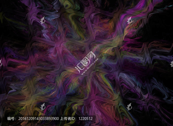 黑色背景色彩豐富，形狀抽象。