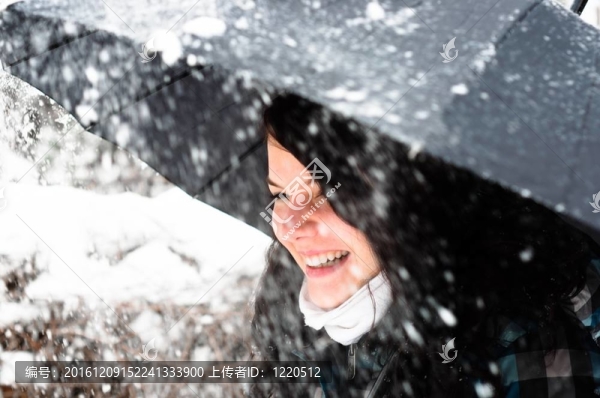 在暴風(fēng)雪中帶雨傘的年輕女子