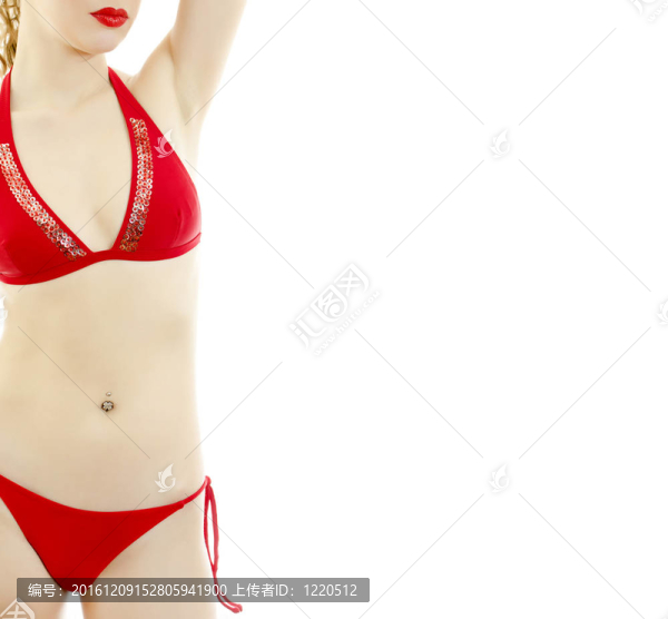 漂亮的女孩在紅色泳裝冒充。白色隔離。文本的地方