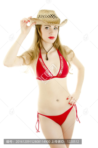戴草帽的女人。白色隔離。
