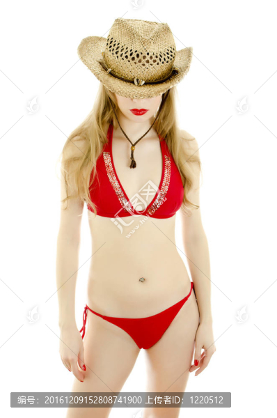 戴草帽的女人。白色隔離。