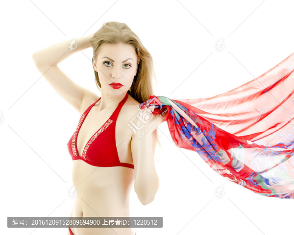 與主要在紅色泳裝的女人。白色隔離。