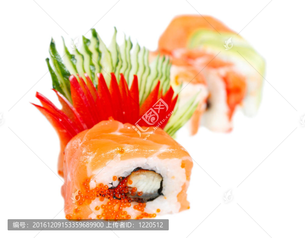 三文魚壽司卷；鰻魚和虎蝦。紅色的龍