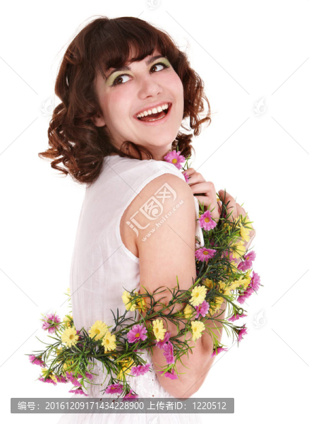 美麗的年輕女子與花