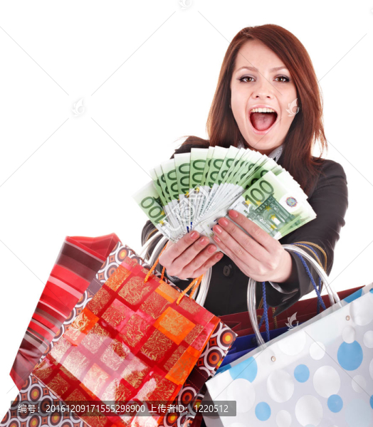 商業(yè)婦女與金錢和購物袋。