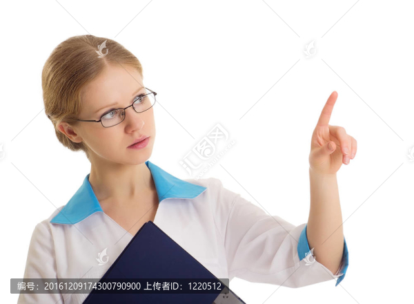 女醫(yī)生按下一個虛擬按鈕或顯示一個空的白色空間隔離