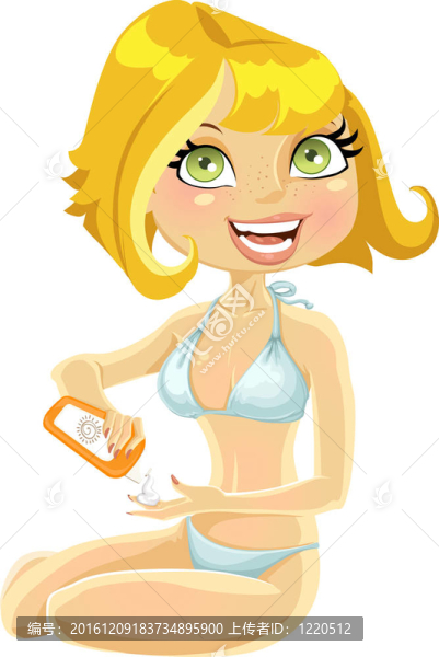 美麗的女孩在泳衣與奶油曬傷