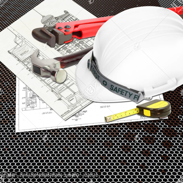 檢查人員或工程施工人員的白色頭盔，如建筑施工圖和工具