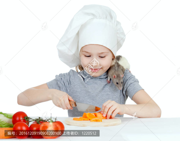廚師女孩準備健康食品。助手鼠坐在她的肩上。